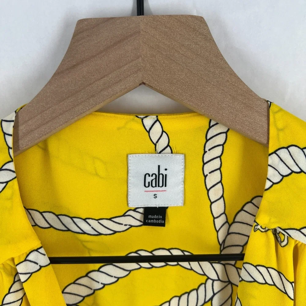 Cabi Reef Knot Blouse Womens Small Yellow Nautical Rope Anchor V Neck Pleated - Picture 2 of 16